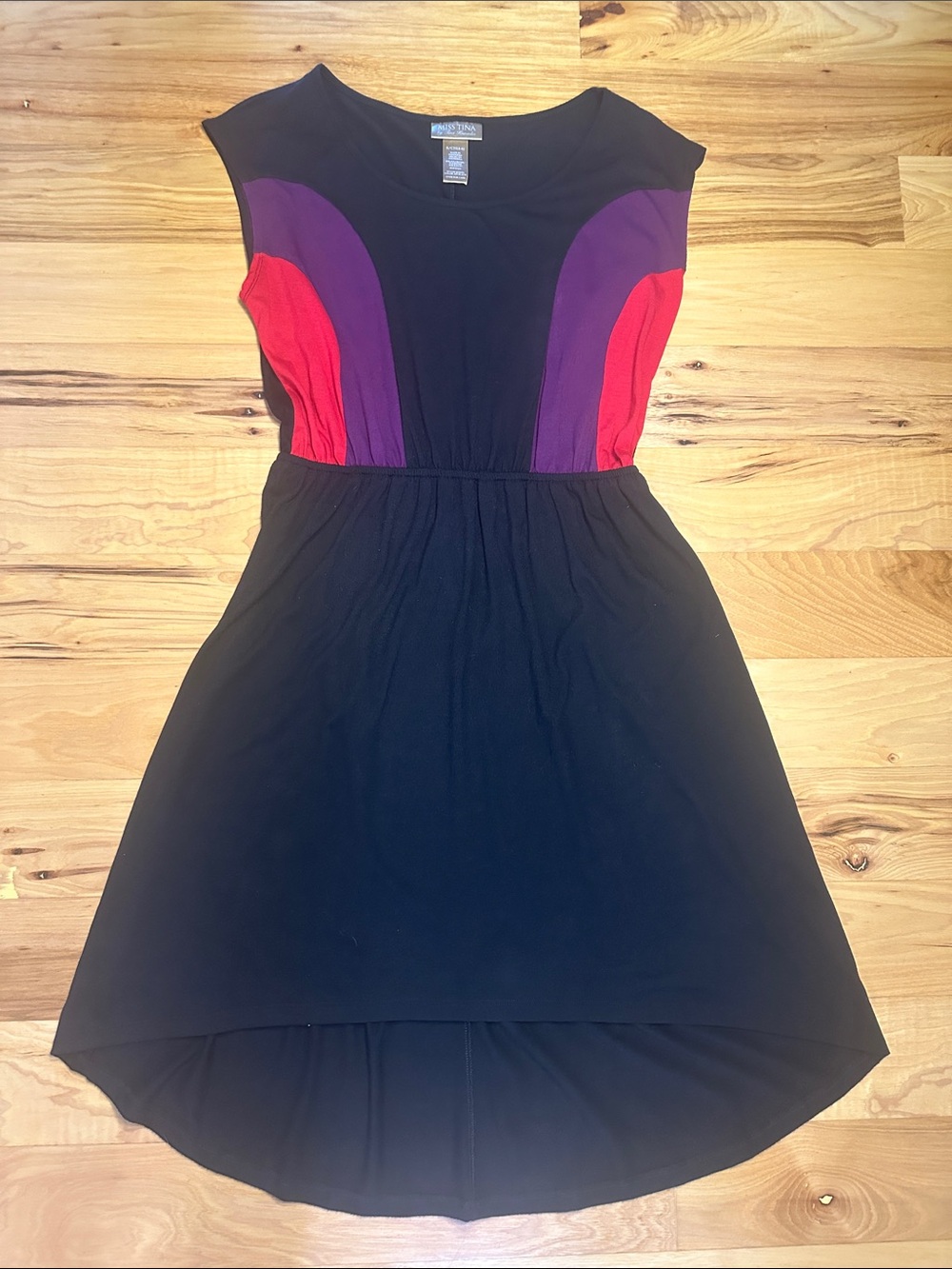Miss Tina Black High-Low Dress with Purple and Red Panels